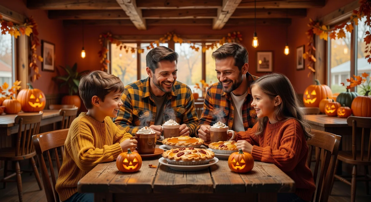 A cozy autumn family gathering at Roy's Family Cafe with warm drinks