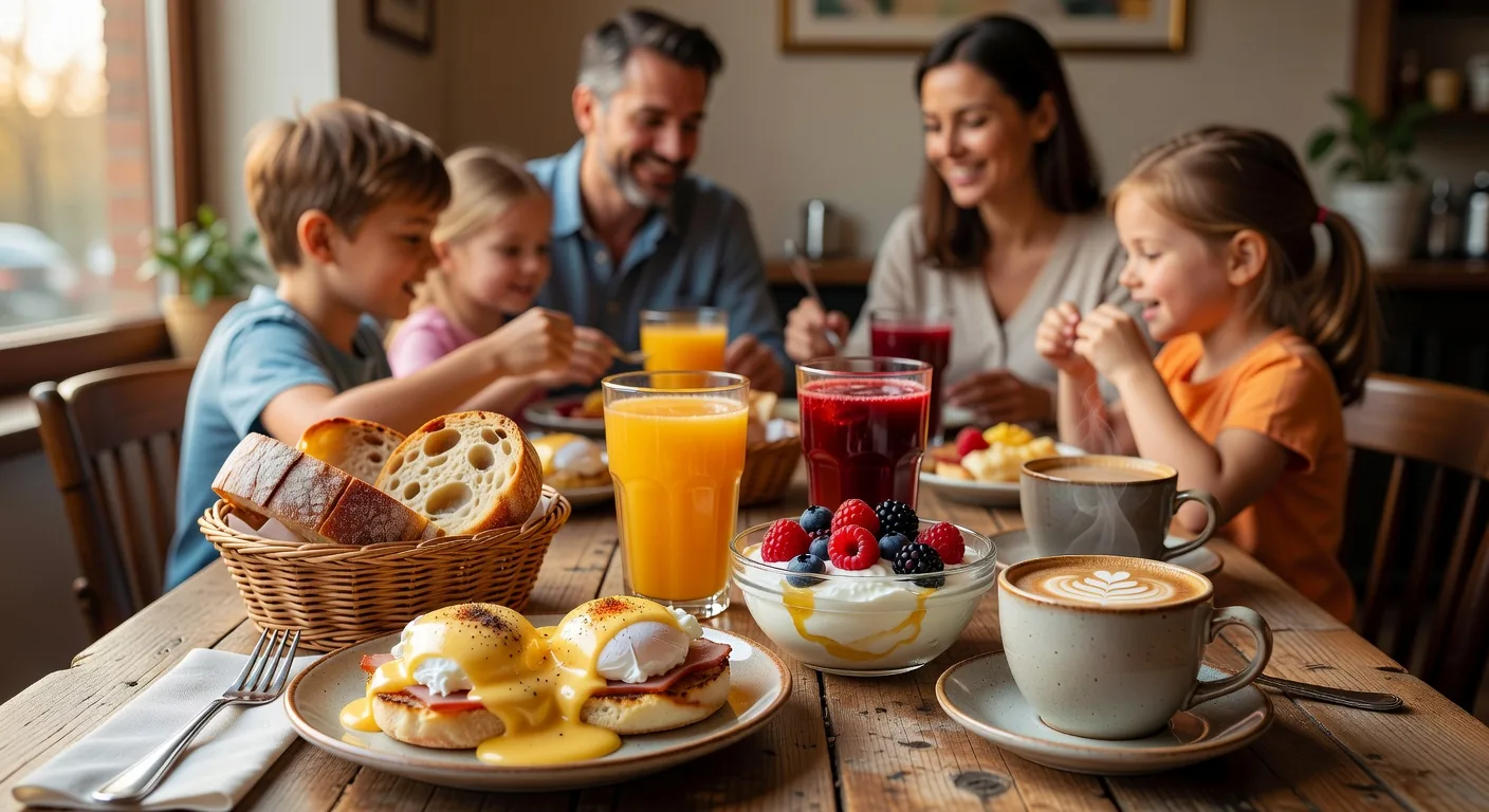A beautiful family breakfast spread at Roy's Family Cafe with colorful dishes and fresh food