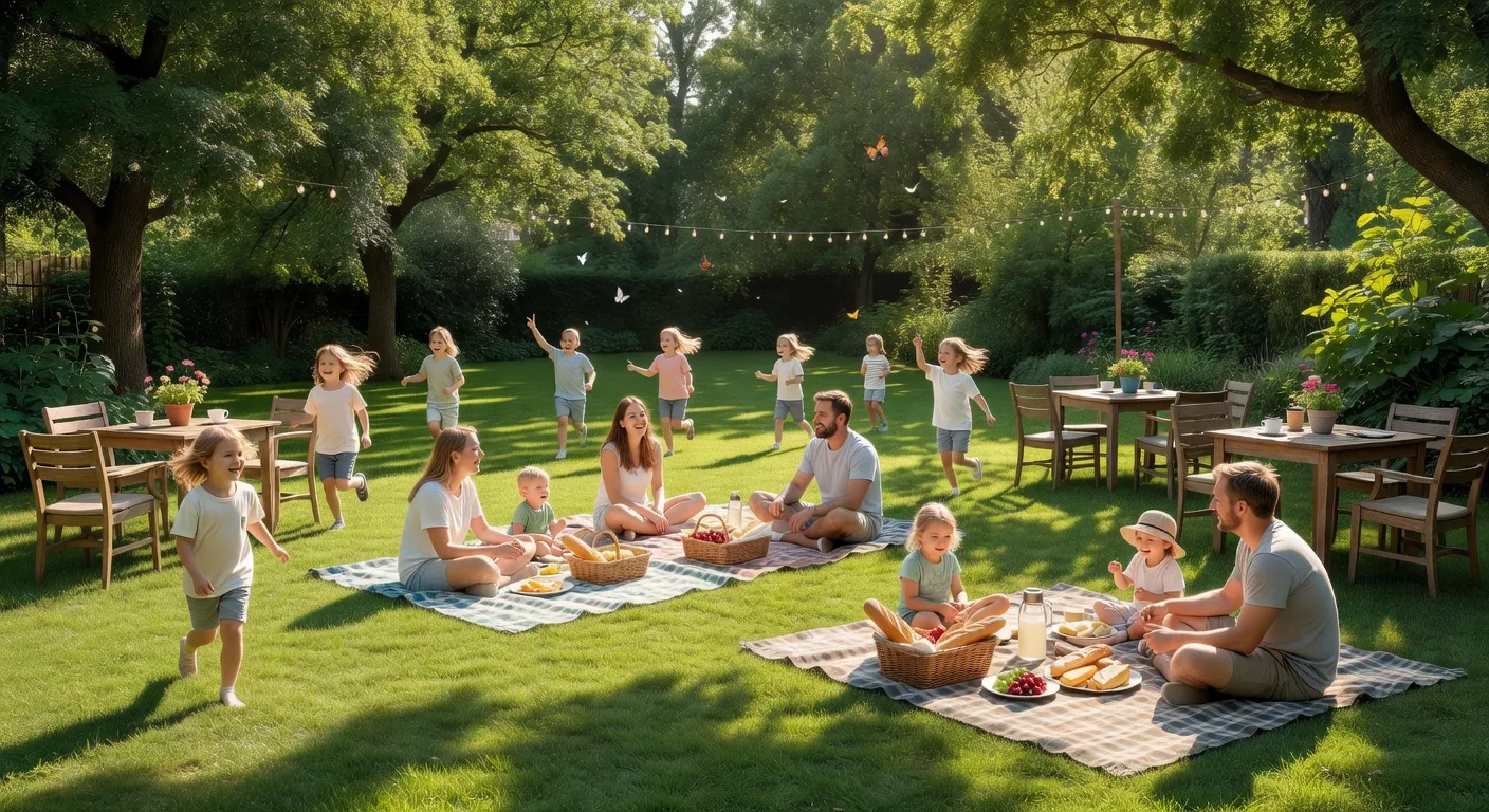 A family picnic in the cafe garden on a sunny day