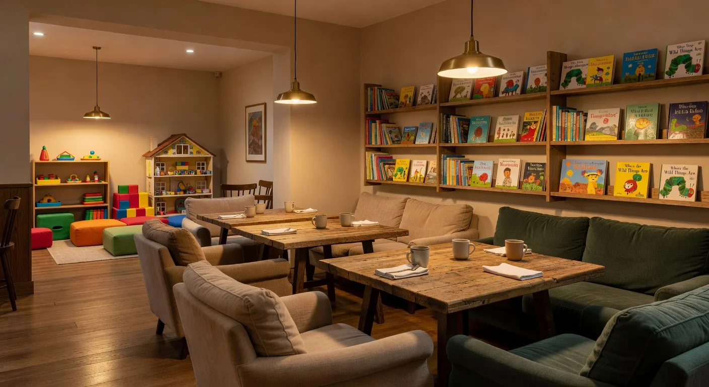 The warm, cozy interior of Roy's Family Cafe with natural wood and soft lighting