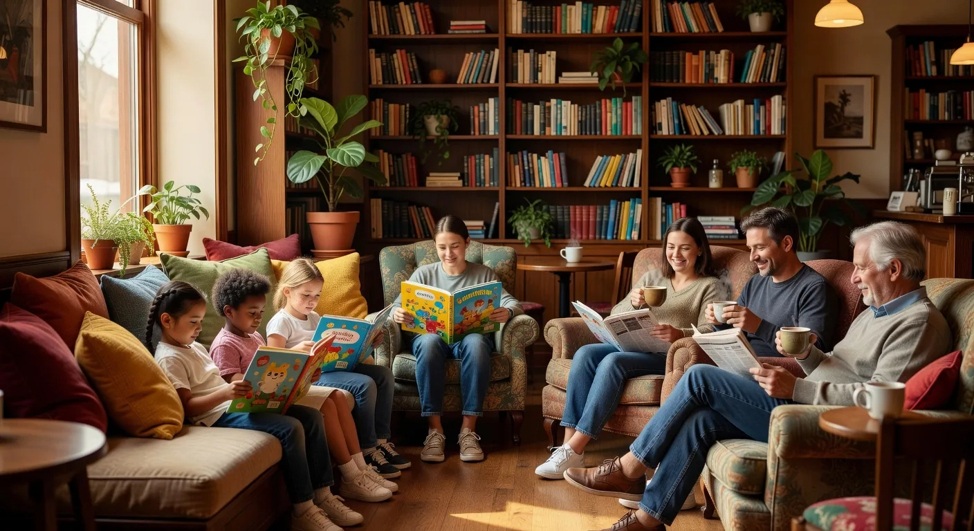 A cozy reading nook in Roy's Family Cafe, warm and inviting with soft furnishings