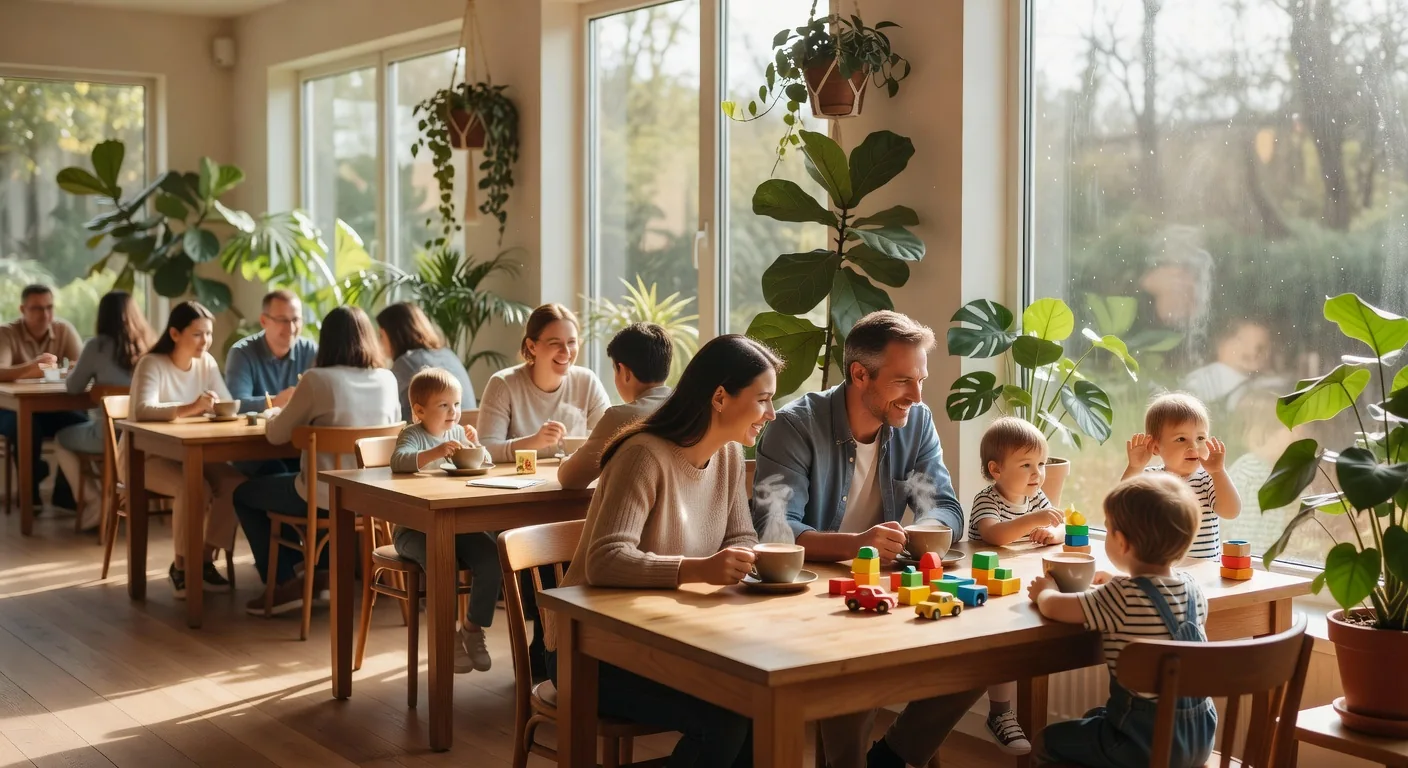 Families seated by large windows at Roy's Family Cafe enjoying the view