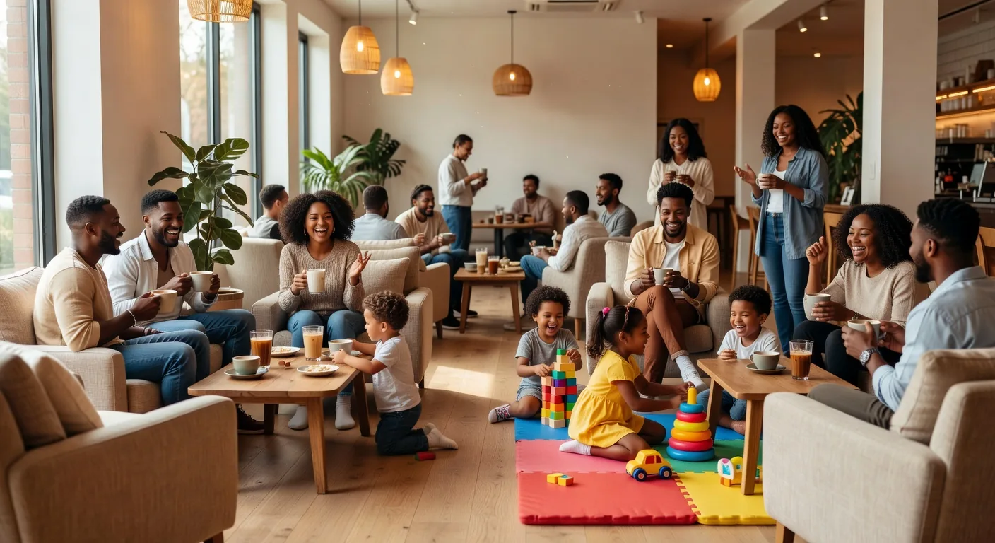 Families mingling and enjoying themselves in the open cafe space at Roy's Family Cafe