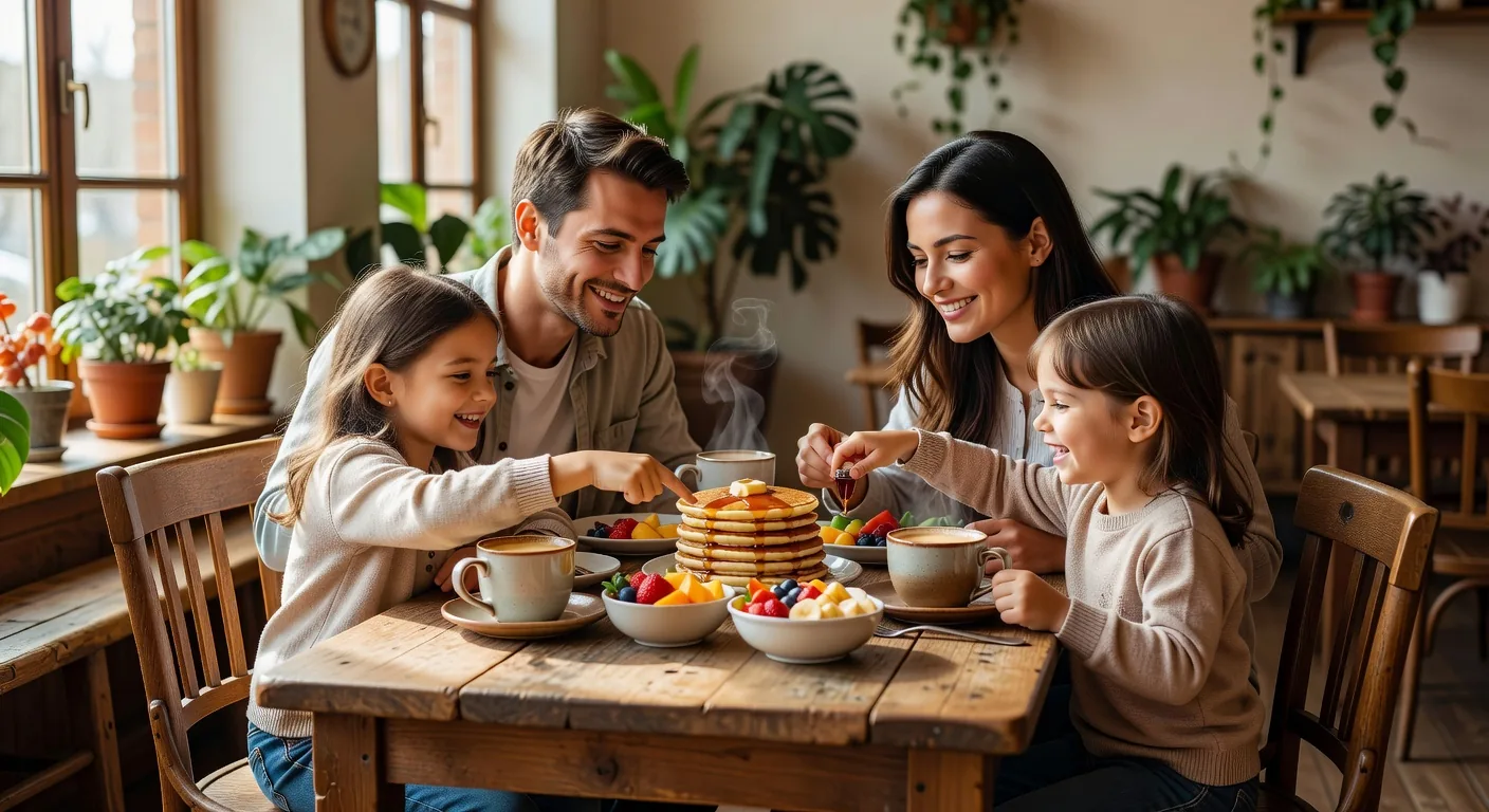 A family happily enjoying breakfast together at the cafe
