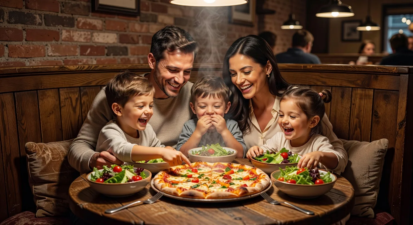 A family sharing a pizza in the corner booth at Roy's Family Cafe