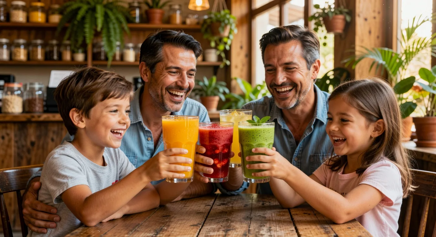 A family raising smoothie glasses in a cheerful toast