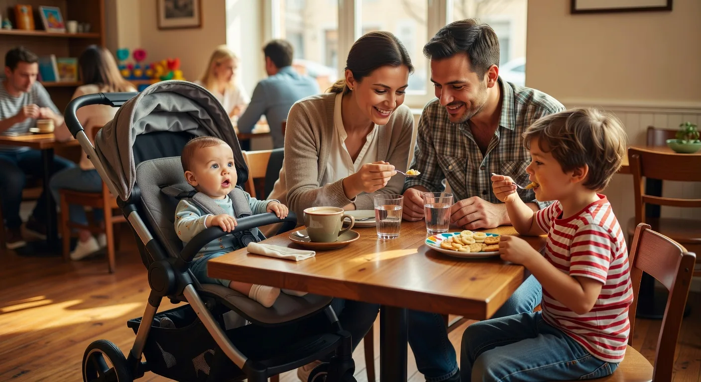A family with a baby in a stroller entering the cafe