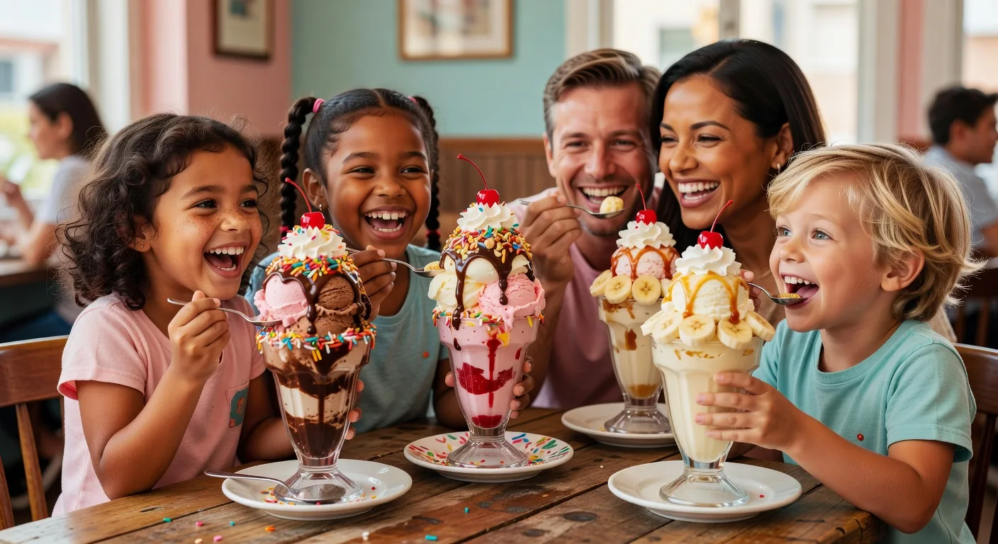 Children delightedly eating ice cream sundaes