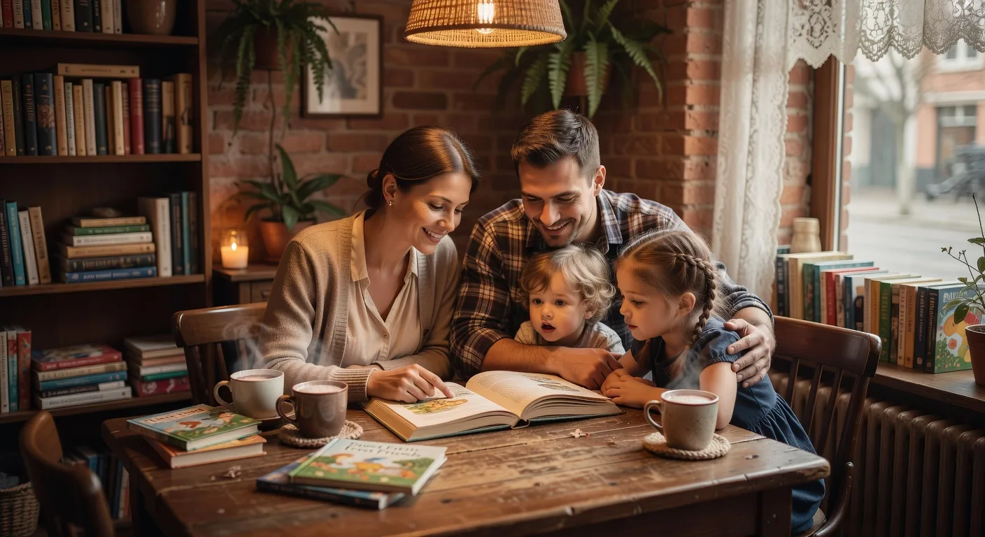 Parents reading to their children in a warm corner of Roy's Family Cafe