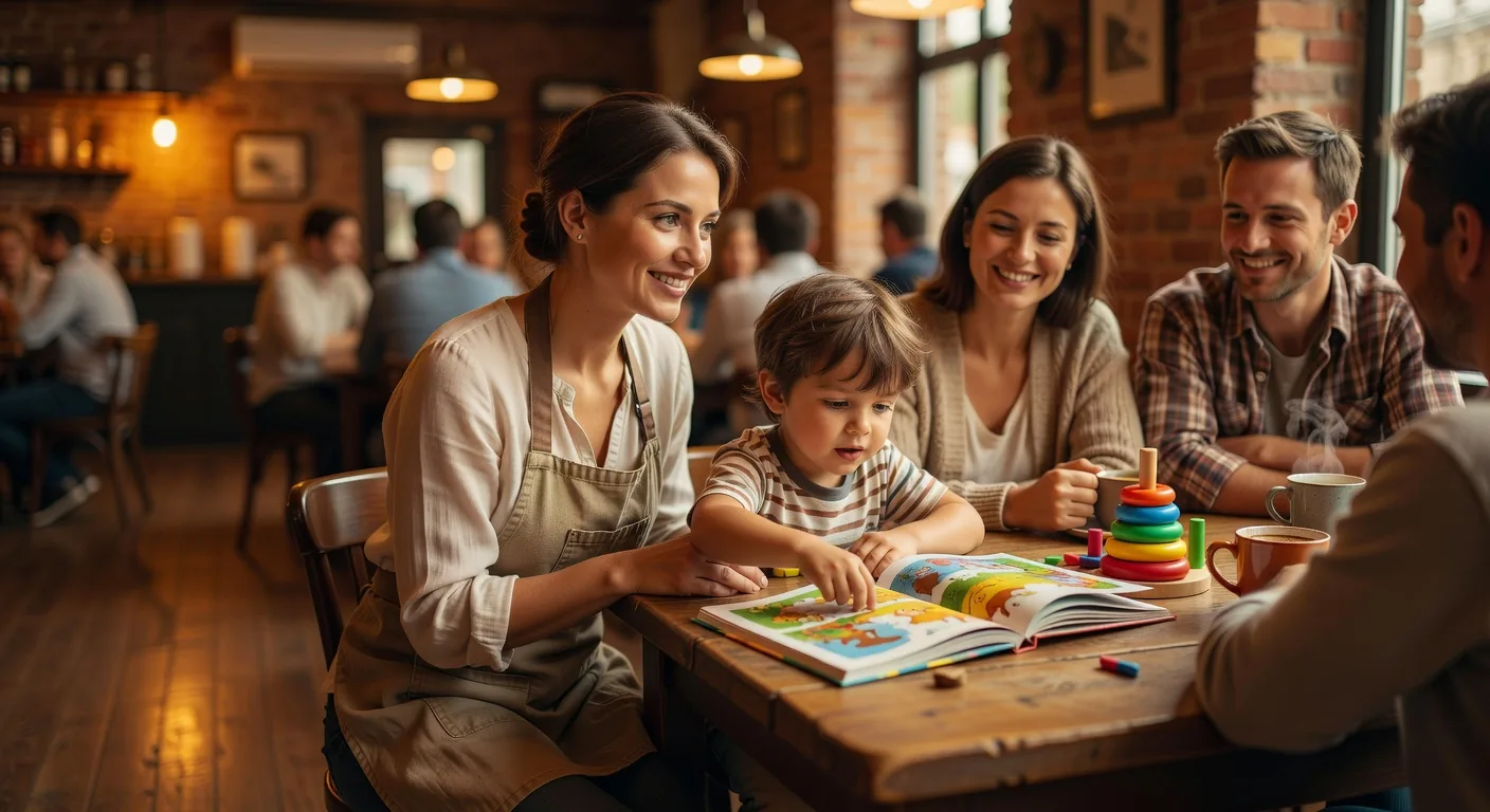 A staff member warmly engaging with a young child at the cafe